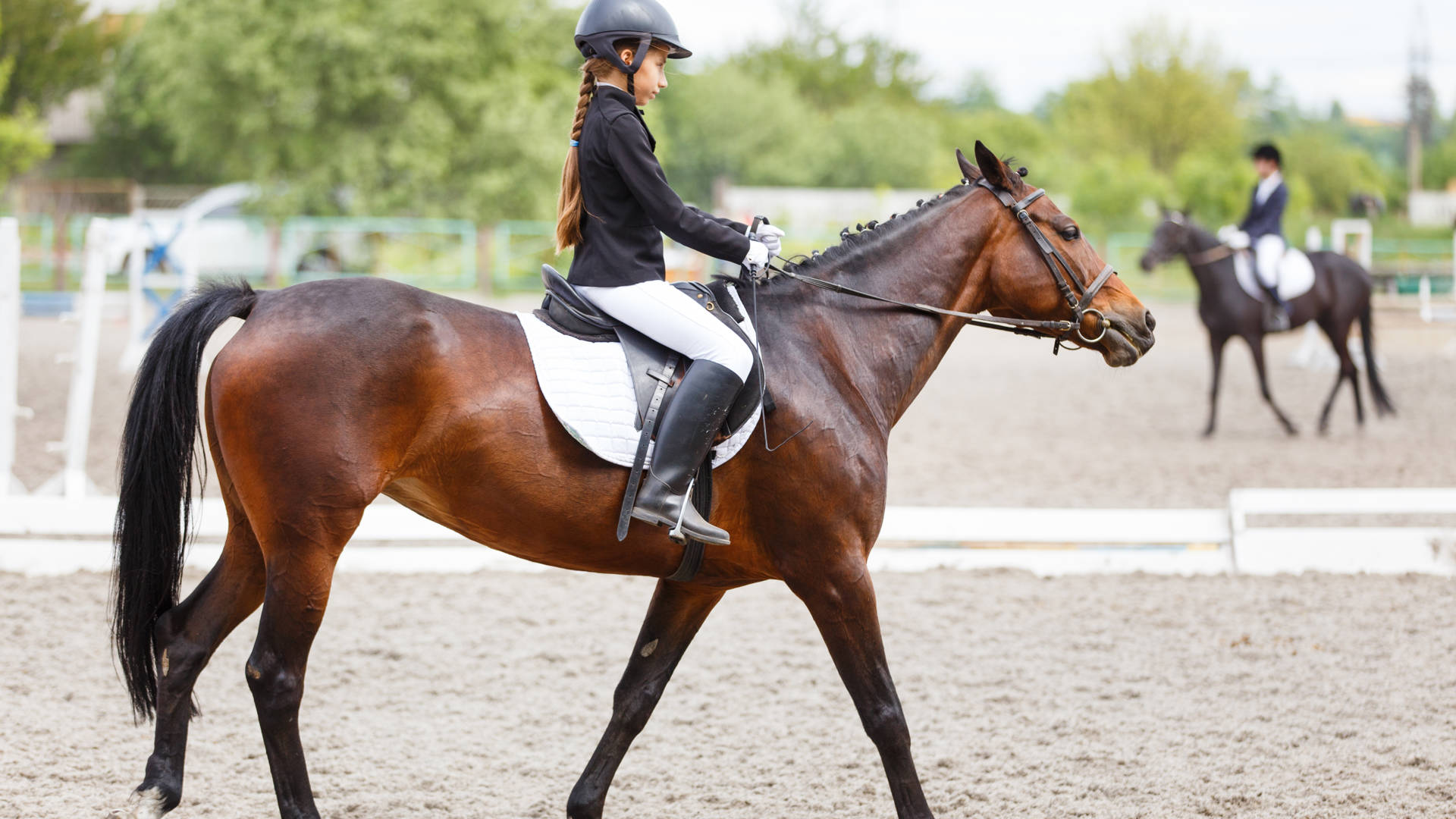 Young teenage girl in helmet riding horse on dressage equestrian competition