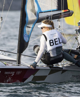 Belgian Anouk Geurts and Belgian Isaura Maenhaut van Lemberge pictured in action during race 9 of the Women's Skiff 49er FX sailing event on the eighth day of the 'Tokyo 2020 Olympic Games' in Tokyo, Japan on Friday 30 July 2021. The postponed 2020 Summer Olympics are taking place from 23 July to 8 August 2021. BELGA PHOTO BENOIT DOPPAGNE