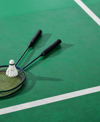 Shuttlecoks and badminton rackets on green court floor