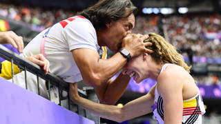Athletics coach Fernando Oliva and Belgian athlete Noor Vidts celebrate after the javelin, sixth event of the women's heptathlon at the athletics competition at the Paris 2024 Olympic Games, on Friday 09 August 2024 in Paris, France. The Games of the XXXIII Olympiad are taking place in Paris from 26 July to 11 August. The Belgian delegation counts 165 athletes competing in 21 sports. BELGA PHOTO DIRK WAEM